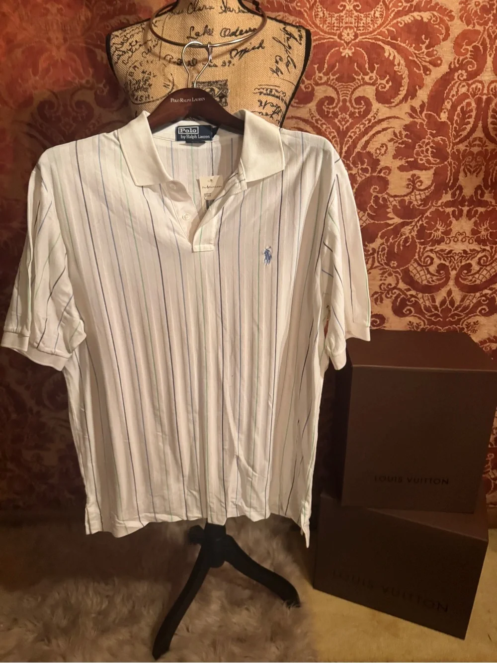 Polo by Ralph Lauren White Polo with Blue & Green Pinstripes